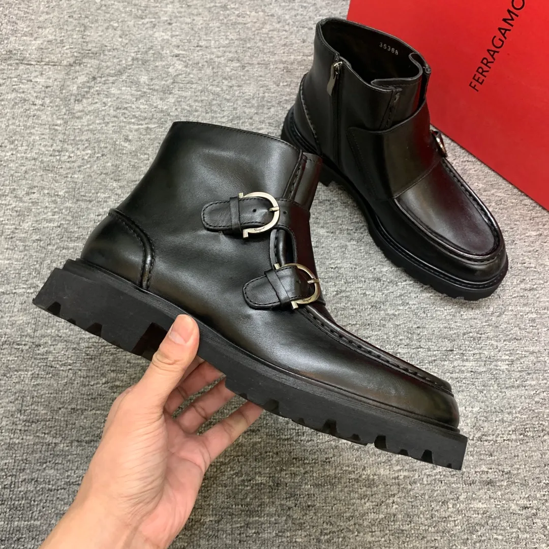 Men's shoes 💰960 🎁🎁🎁😈[Ferragamo] Men's high-top boots, the latest hot style, 1:1 original purchase quality, top quality, imported cowhide for the uppers, imported cowhide for the lining and feet, with original lightweight foam outsole, matching code 39-44, (38, 45 custom-made, non-refundable)